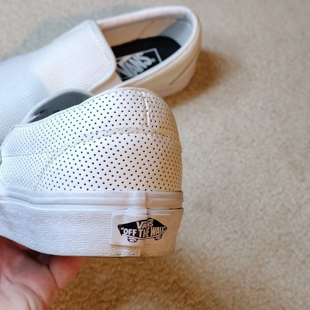 Vans men's white perforated leather slip on loafers. Size 5.5